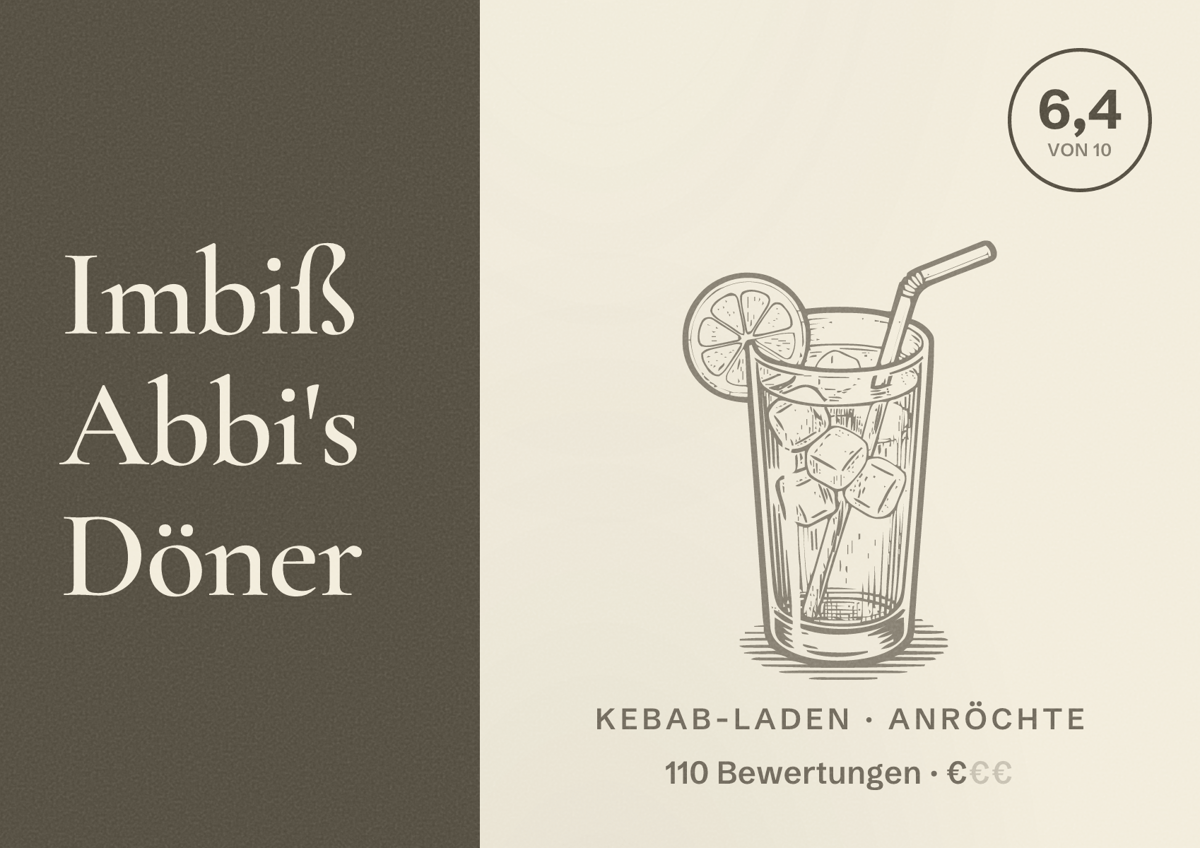 Illustriertes Poster von Imbiß Abbi's Döner, Kebab-Laden in Anröchte: Bewertung 6,4 von 10 aus 110 Bewertungen, Preisniveau €