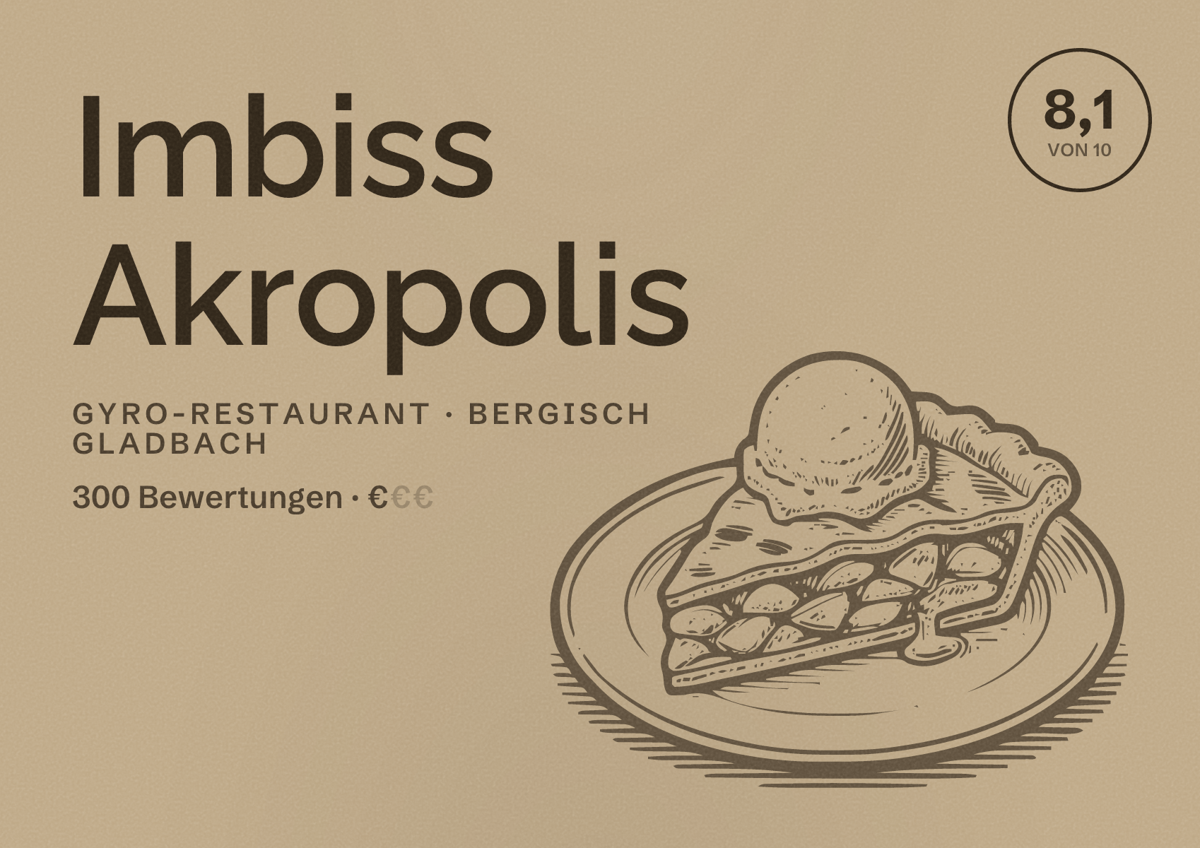 Illustriertes Poster von Imbiss Akropolis, Gyro-Restaurant in Bergisch Gladbach: Bewertung 8,1 von 10 aus 300 Bewertungen, Preisniveau €