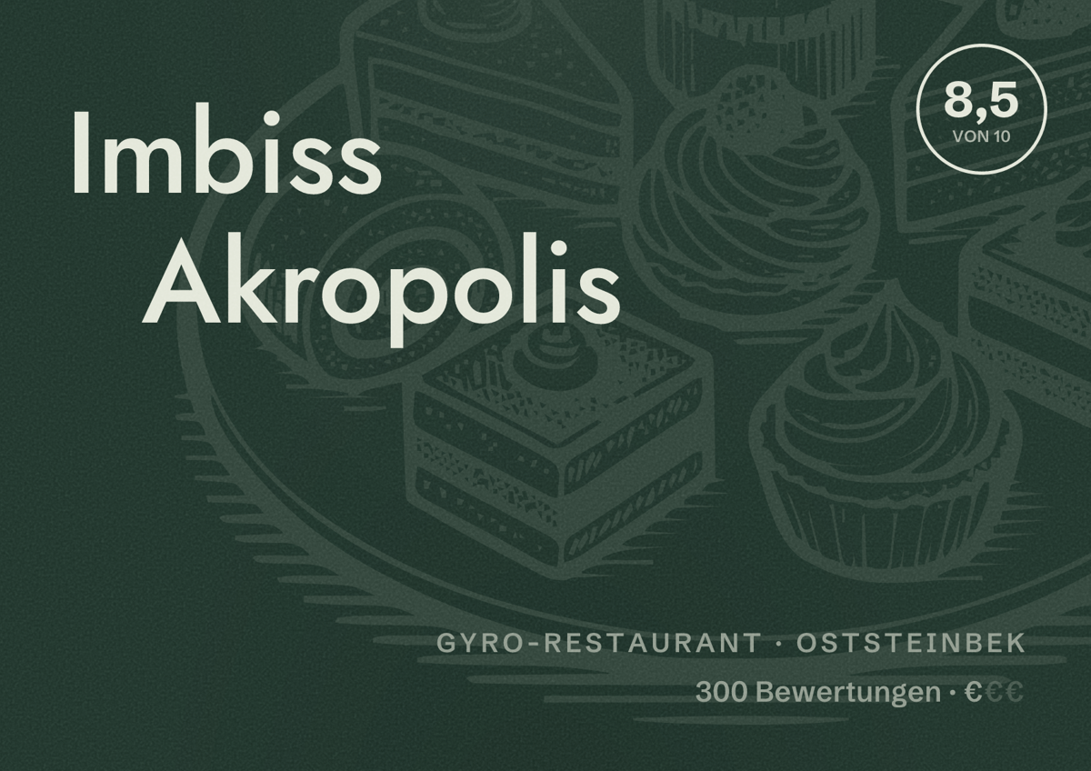 Illustriertes Poster von Imbiss Akropolis, Gyro-Restaurant in Oststeinbek: Bewertung 8,5 von 10 aus 300 Bewertungen, Preisniveau €