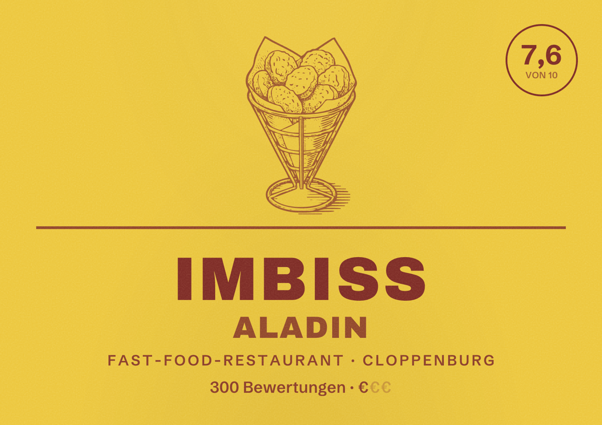 Illustriertes Poster von Imbiss aladin, Fast-Food-Restaurant in Cloppenburg: Bewertung 7,6 von 10 aus 300 Bewertungen, Preisniveau €