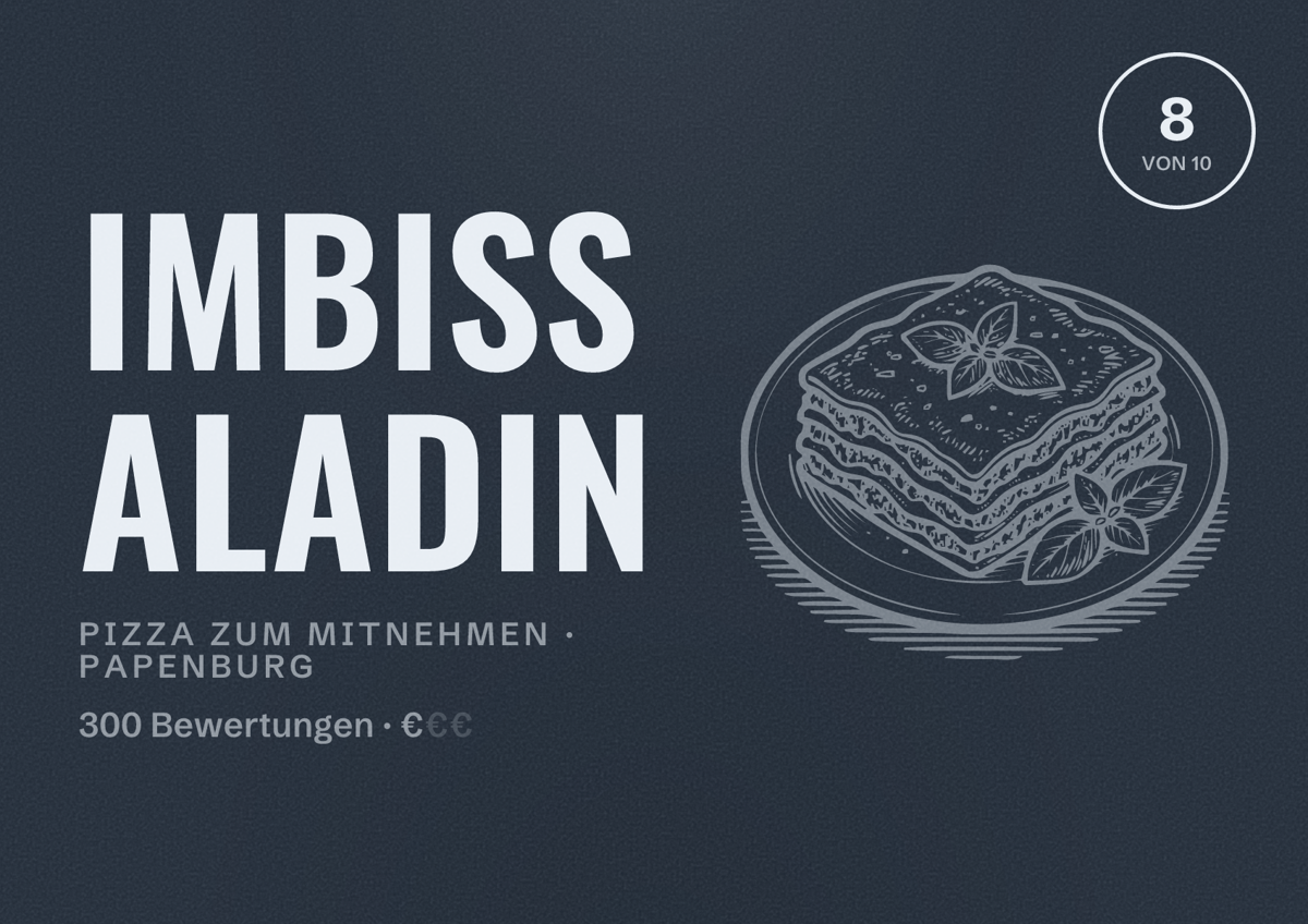 Illustriertes Poster von Imbiss Aladin, Pizza zum Mitnehmen in Papenburg: Bewertung 8 von 10 aus 300 Bewertungen, Preisniveau €