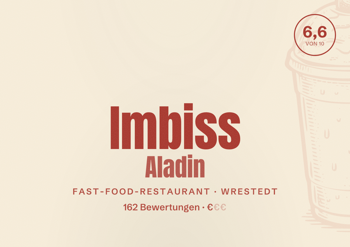 Illustriertes Poster von Imbiss Aladin, Fast-Food-Restaurant in Wrestedt: Bewertung 6,6 von 10 aus 162 Bewertungen, Preisniveau €