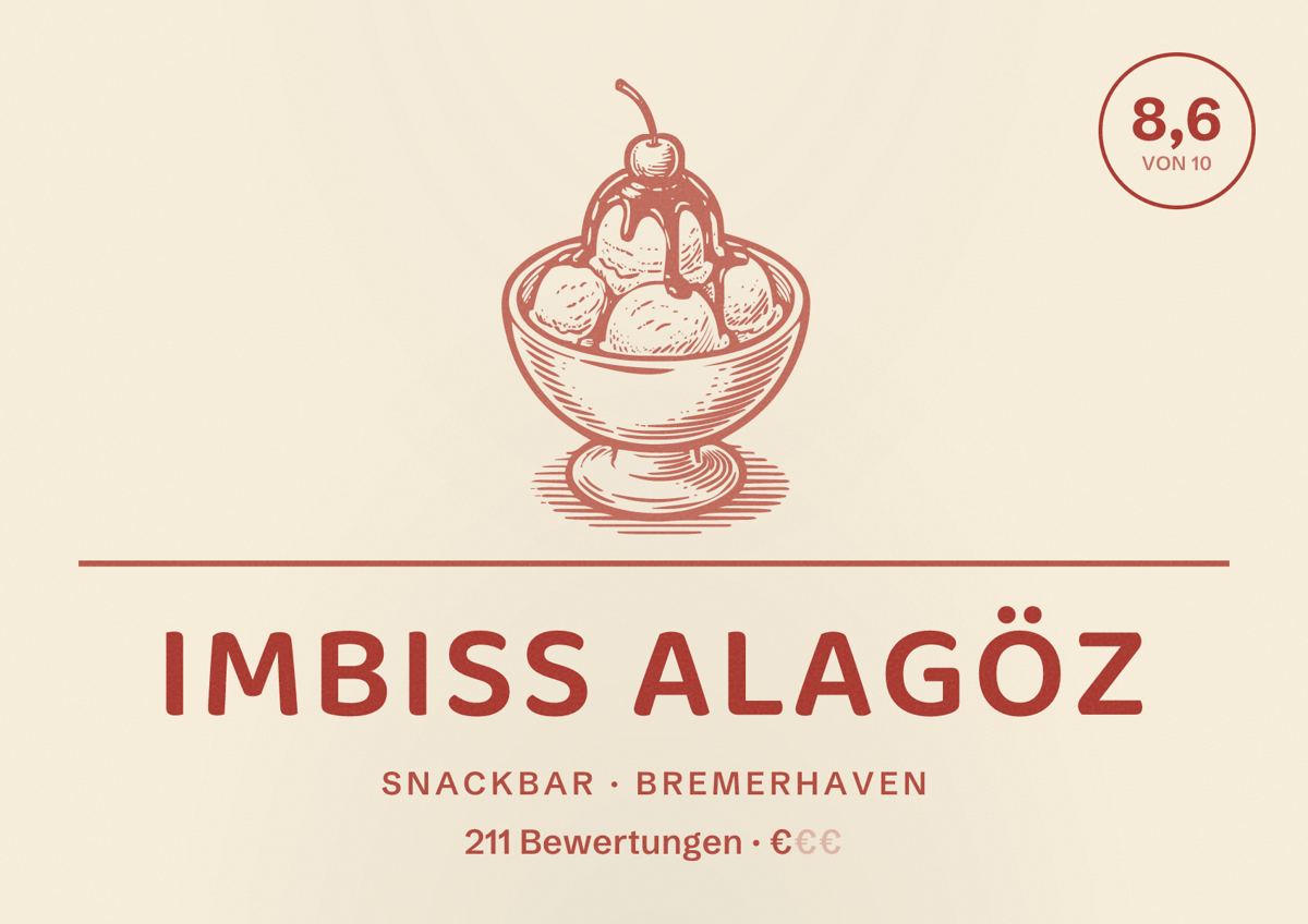 Illustriertes Poster von Imbiss Alagöz, Snackbar in Bremerhaven: Bewertung 8,6 von 10 aus 211 Bewertungen, Preisniveau €