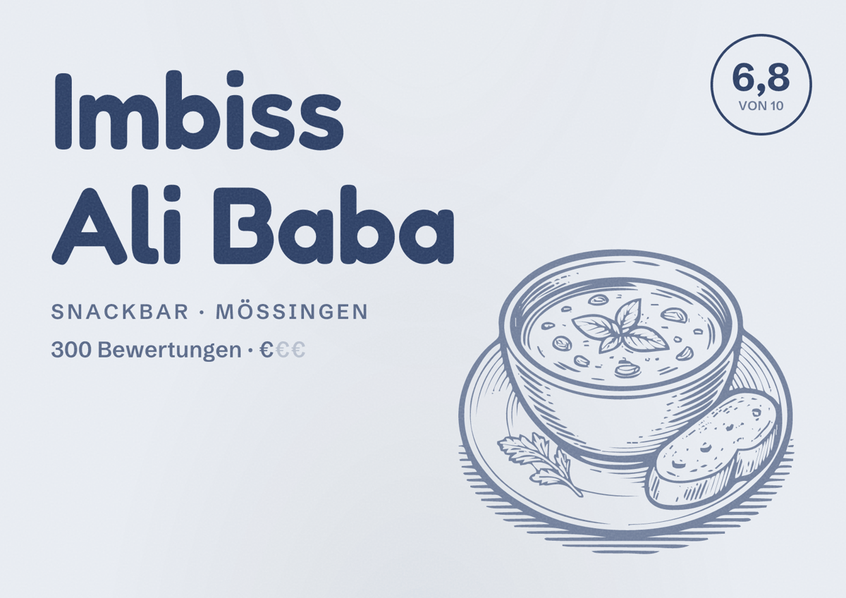 Illustriertes Poster von Imbiss Ali Baba, Snackbar in Mössingen: Bewertung 6,8 von 10 aus 300 Bewertungen, Preisniveau €