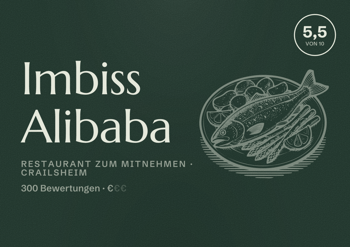 Illustriertes Poster von Imbiss Alibaba, Restaurant zum Mitnehmen in Crailsheim: Bewertung 5,5 von 10 aus 300 Bewertungen, Preisniveau €