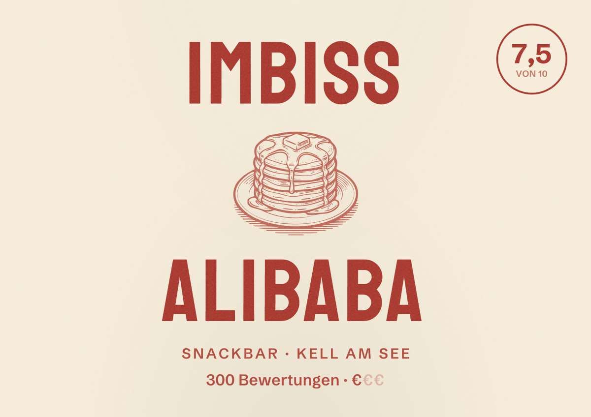 Illustriertes Poster von Imbiss Alibaba, Snackbar in Kell am See: Bewertung 7,5 von 10 aus 300 Bewertungen, Preisniveau €