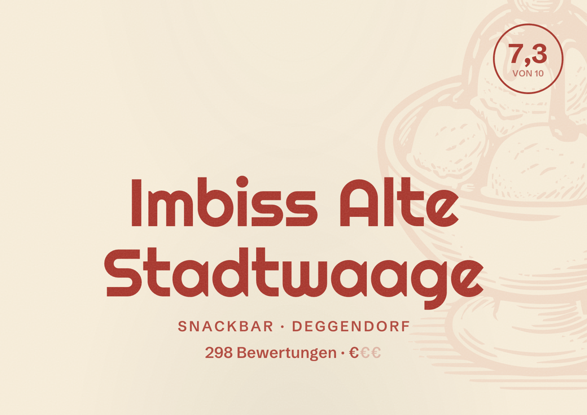 Illustriertes Poster von Imbiss Alte Stadtwaage, Snackbar in Deggendorf: Bewertung 7,3 von 10 aus 298 Bewertungen, Preisniveau €