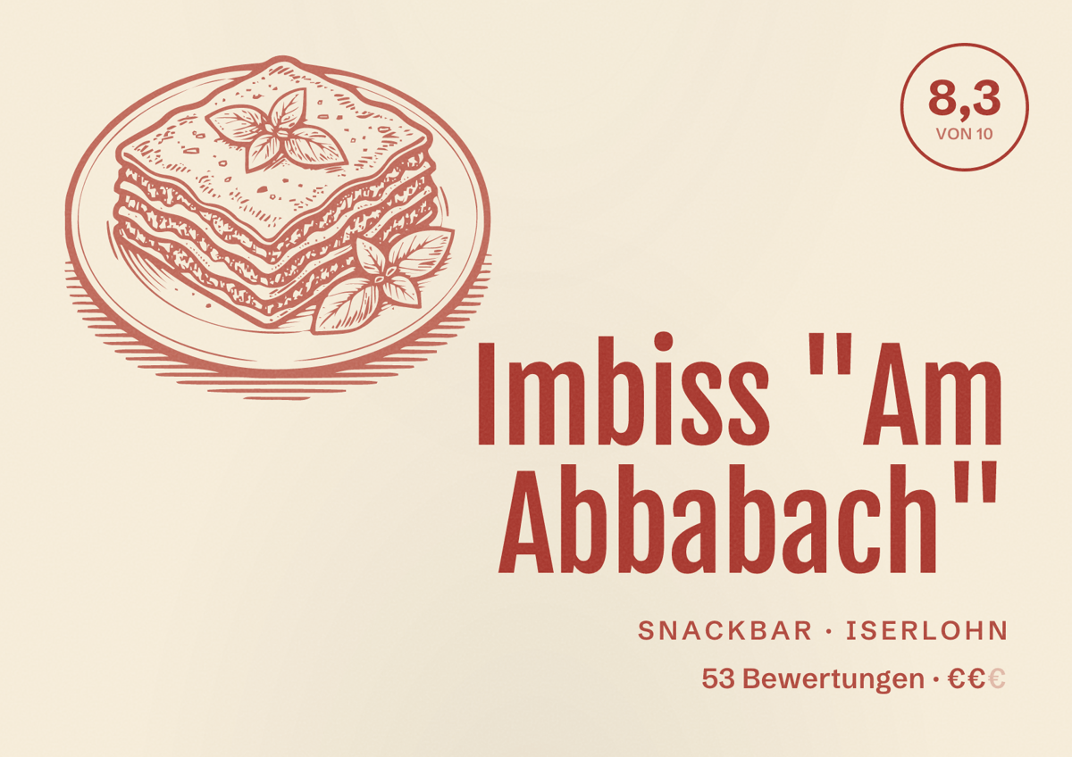 Illustriertes Poster von Imbiss "Am Abbabach", Snackbar in Iserlohn: Bewertung 8,3 von 10 aus 53 Bewertungen, Preisniveau €€