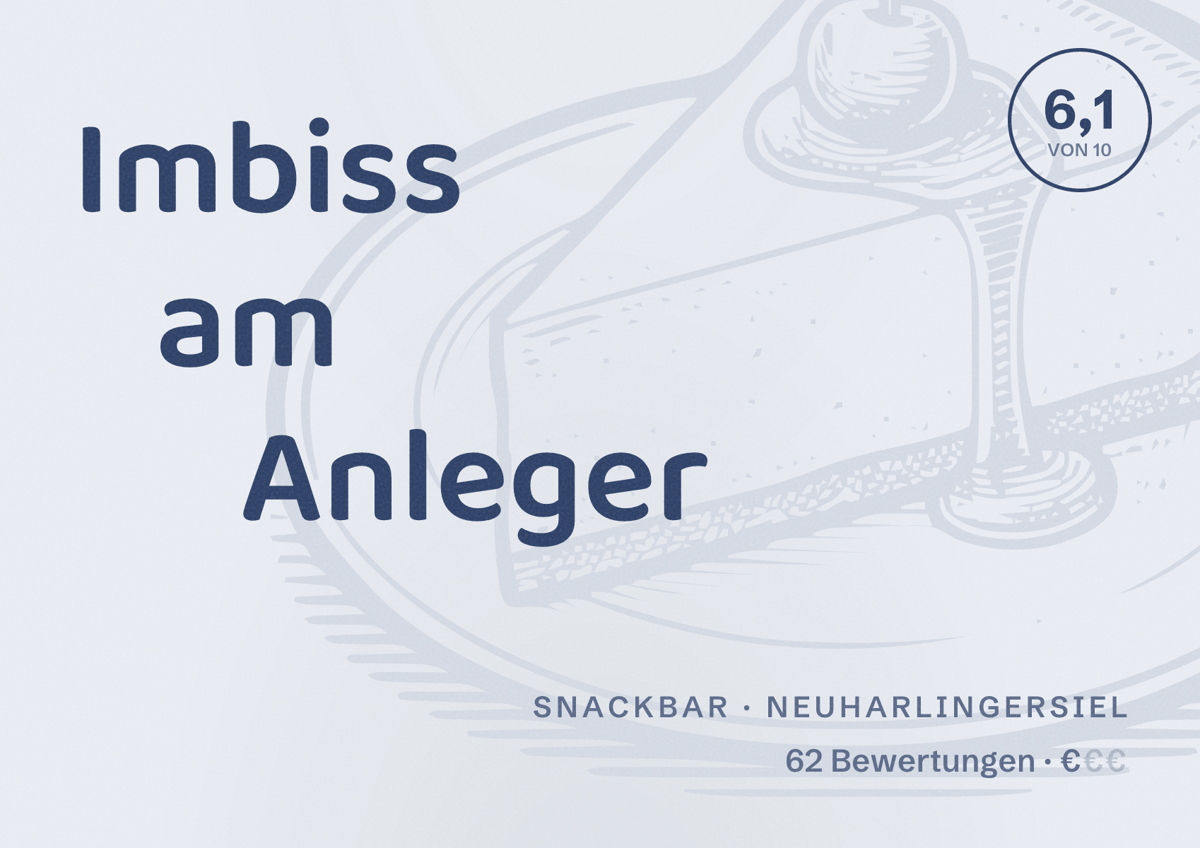 Illustriertes Poster von Imbiss am Anleger, Snackbar in Neuharlingersiel: Bewertung 6,1 von 10 aus 62 Bewertungen, Preisniveau €