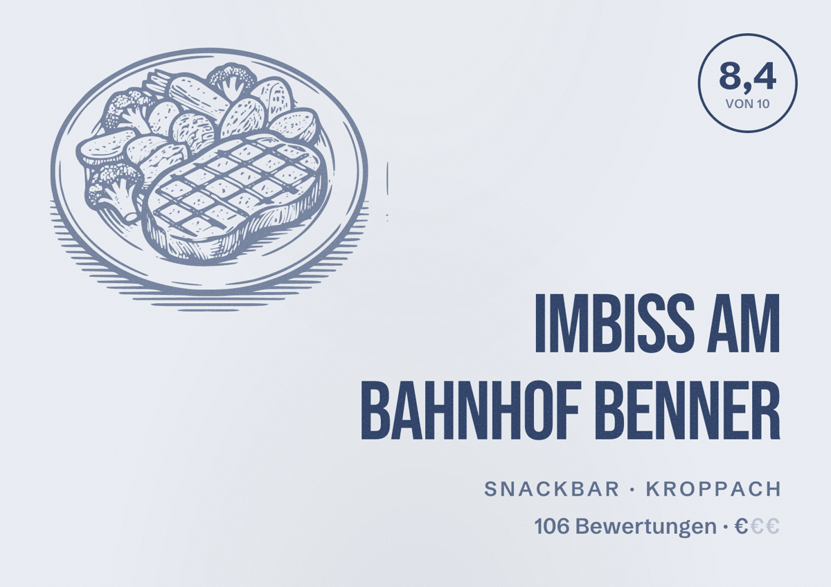 Illustriertes Poster von Imbiss am Bahnhof Benner, Snackbar in Kroppach: Bewertung 8,4 von 10 aus 106 Bewertungen, Preisniveau €