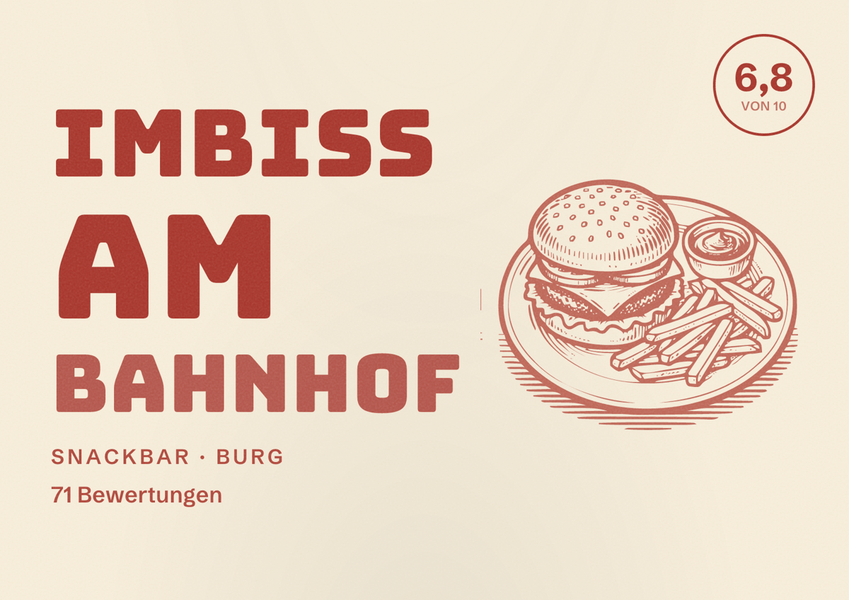 Illustriertes Poster von Imbiss am Bahnhof, Snackbar in Burg: Bewertung 6,8 von 10 aus 71 Bewertungen