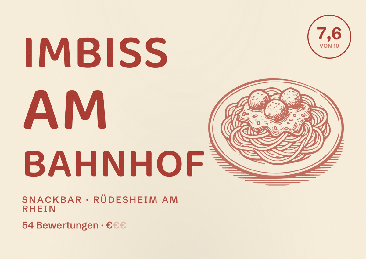 Illustriertes Poster von Imbiss am Bahnhof, Snackbar in Rüdesheim am Rhein: Bewertung 7,6 von 10 aus 54 Bewertungen, Preisniveau €