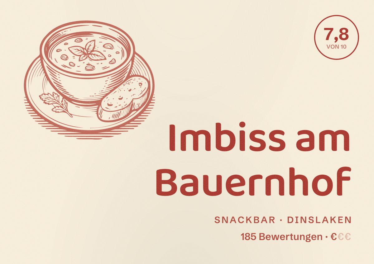 Illustriertes Poster von Imbiss am Bauernhof, Snackbar in Dinslaken: Bewertung 7,8 von 10 aus 185 Bewertungen, Preisniveau €