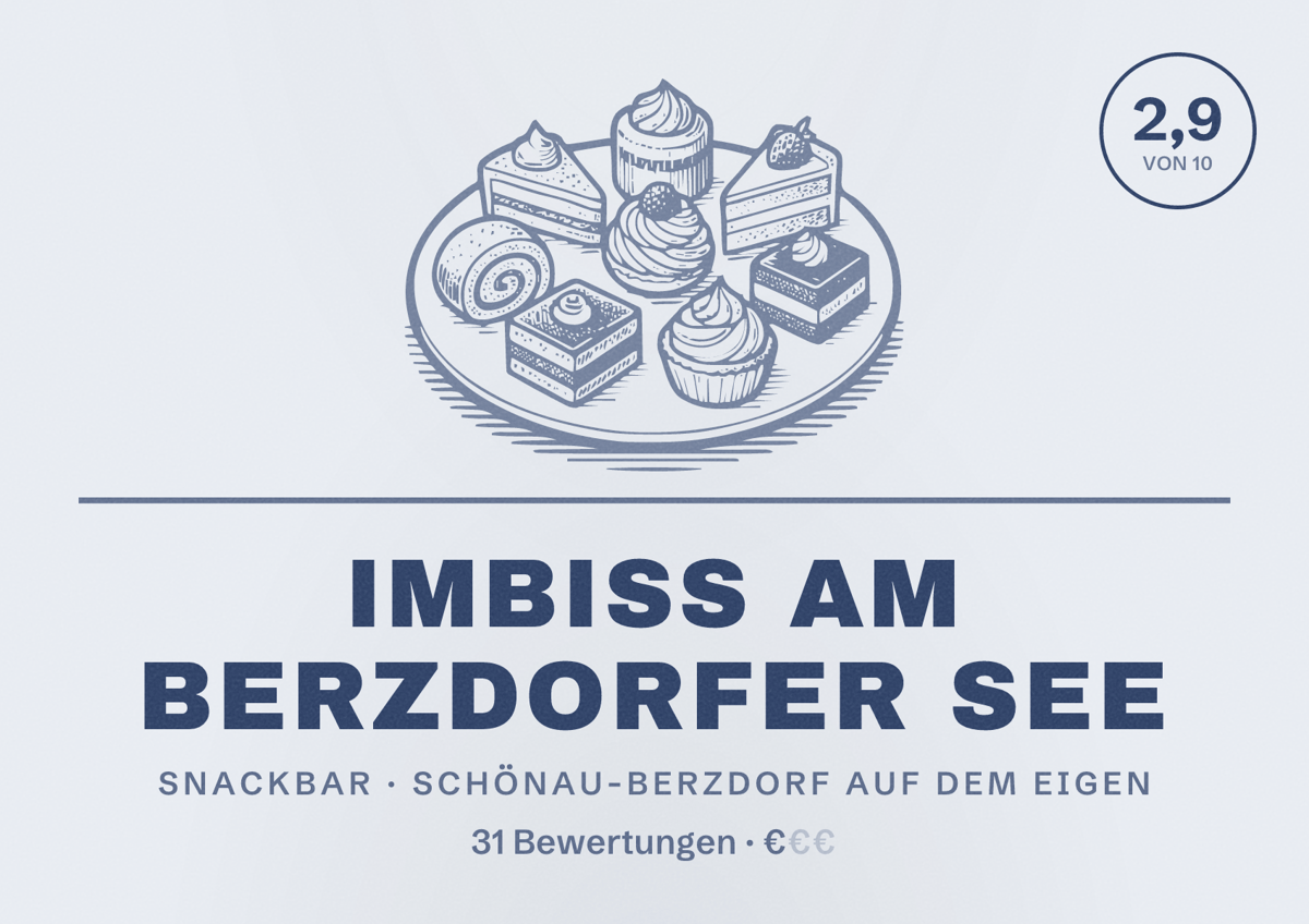 Illustriertes Poster von Imbiss am Berzdorfer See, Snackbar in Schönau-Berzdorf auf dem Eigen: Bewertung 2,9 von 10 aus 31 Bewertungen, Preisniveau €