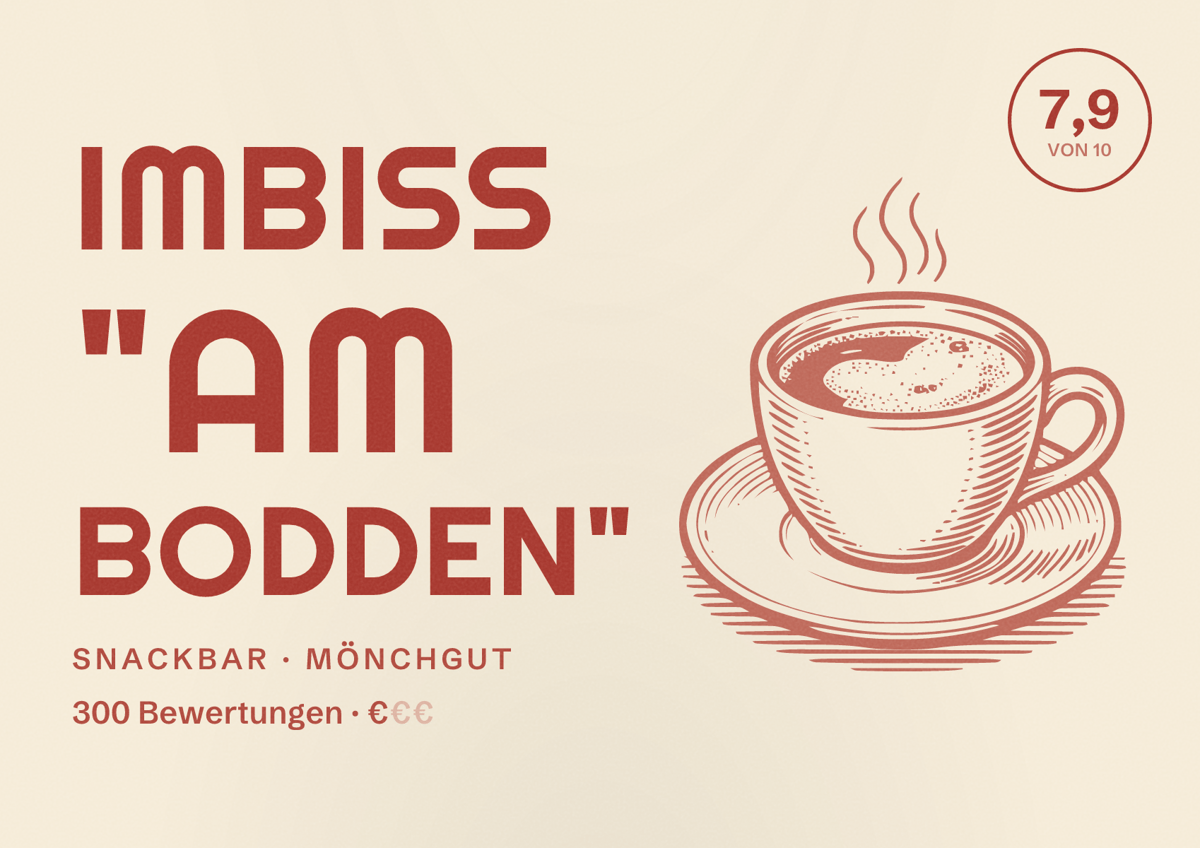 Illustriertes Poster von Imbiss "Am Bodden", Snackbar in Mönchgut: Bewertung 7,9 von 10 aus 300 Bewertungen, Preisniveau €
