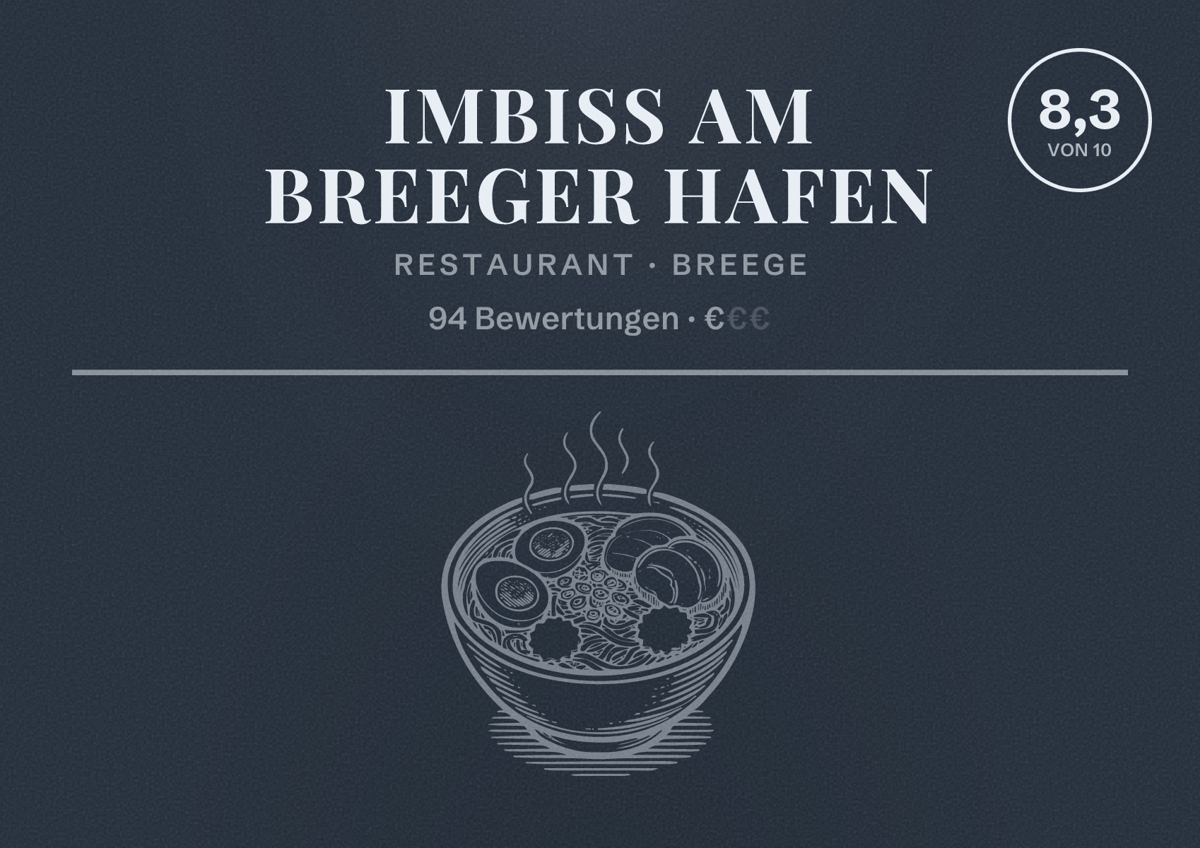 Illustriertes Poster von Imbiss am Breeger Hafen, Restaurant in Breege: Bewertung 8,3 von 10 aus 94 Bewertungen, Preisniveau €