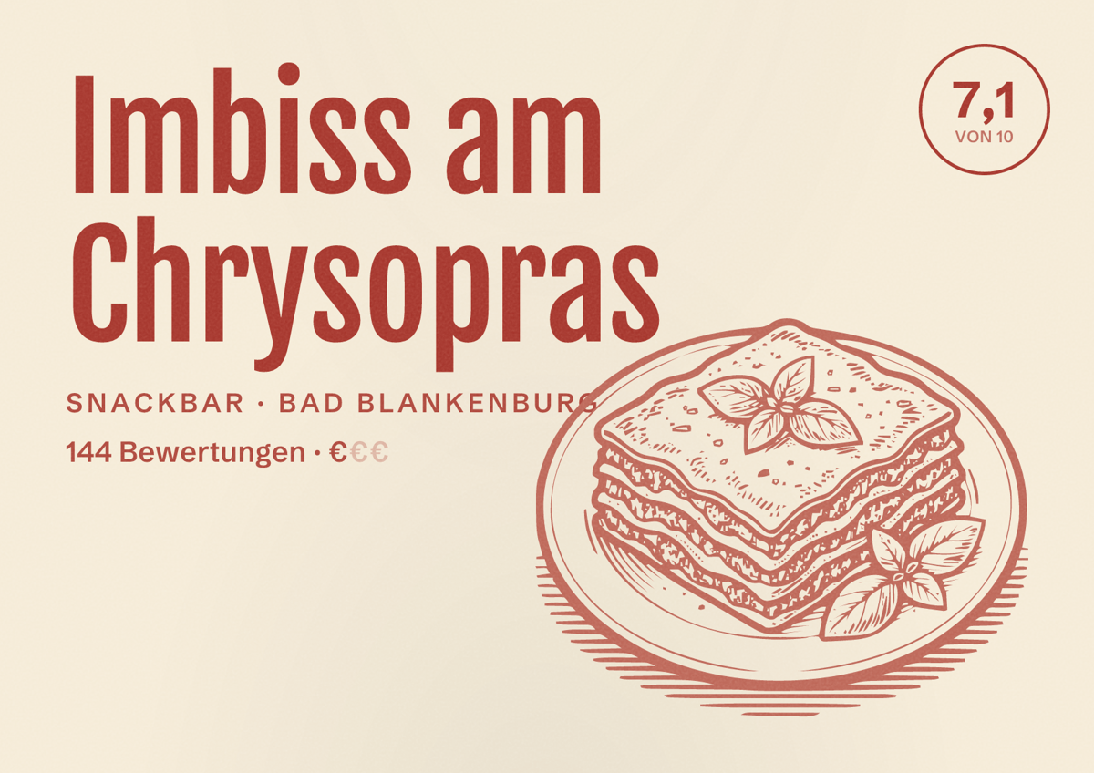 Illustriertes Poster von Imbiss am Chrysopras, Snackbar in Bad Blankenburg: Bewertung 7,1 von 10 aus 144 Bewertungen, Preisniveau €