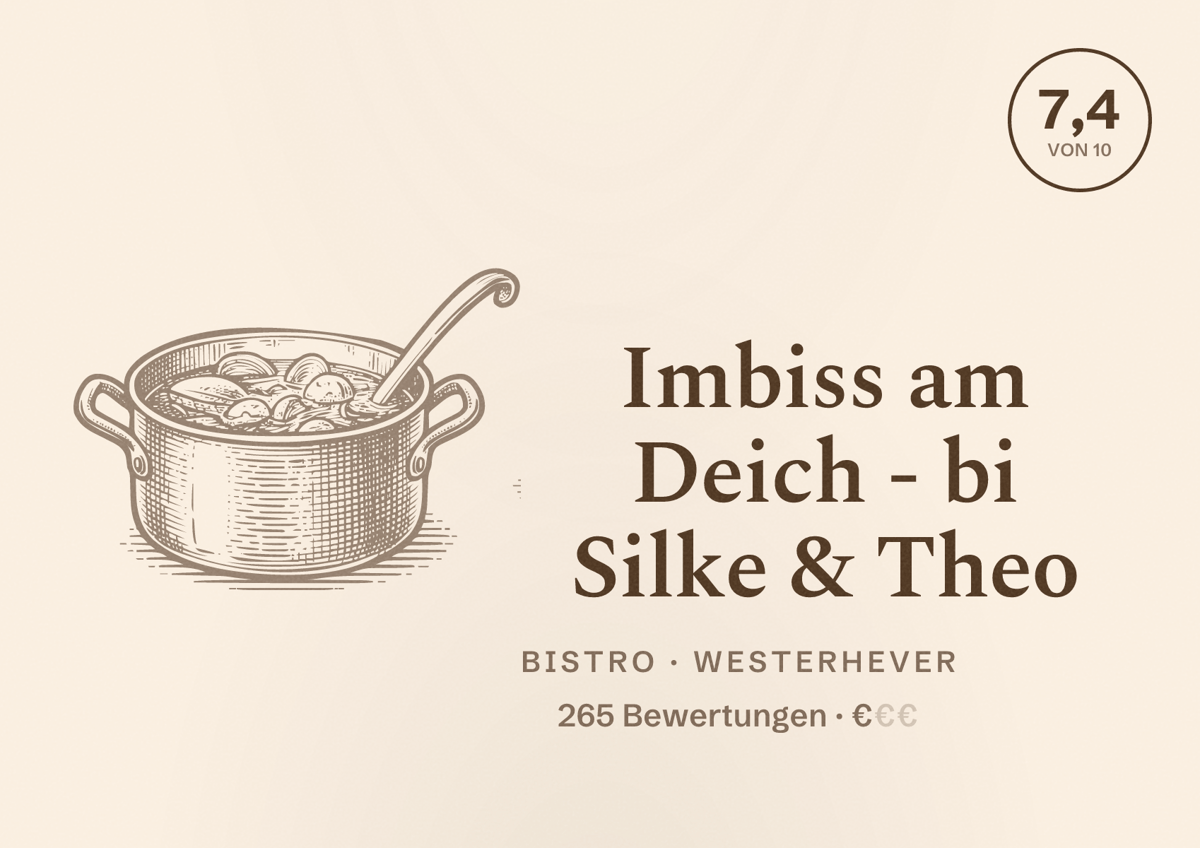 Illustriertes Poster von Imbiss am Deich - bi Silke & Theo, Bistro in Westerhever: Bewertung 7,4 von 10 aus 265 Bewertungen, Preisniveau €