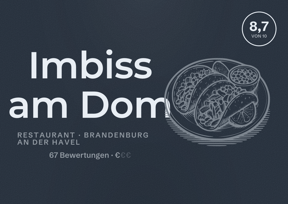Illustriertes Poster von Imbiss am Dom, Restaurant in Brandenburg an der Havel: Bewertung 8,7 von 10 aus 67 Bewertungen, Preisniveau €
