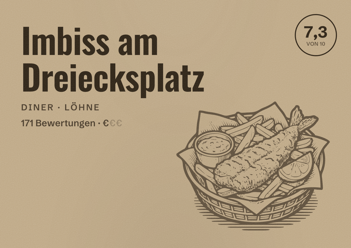 Illustriertes Poster von Imbiss am Dreiecksplatz, Diner in Löhne: Bewertung 7,3 von 10 aus 171 Bewertungen, Preisniveau €