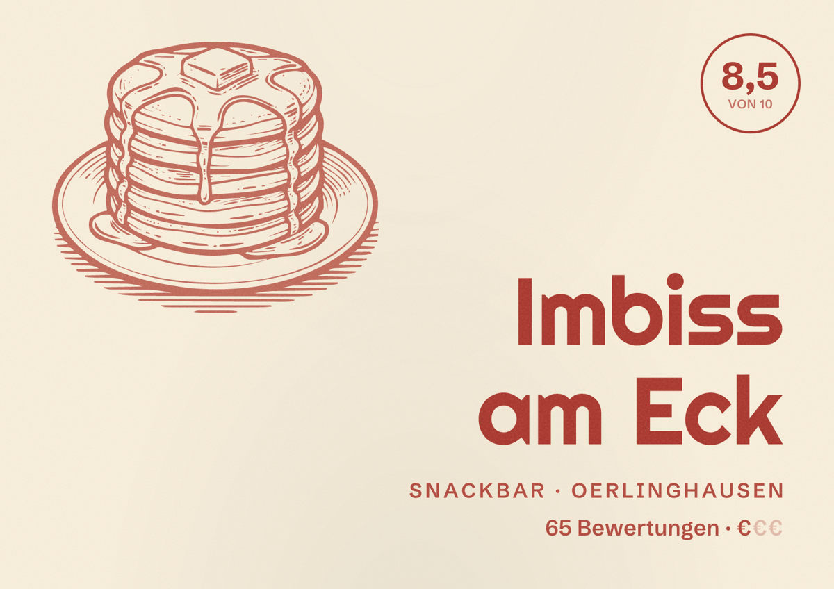 Illustriertes Poster von Imbiss am Eck, Snackbar in Oerlinghausen: Bewertung 8,5 von 10 aus 65 Bewertungen, Preisniveau €
