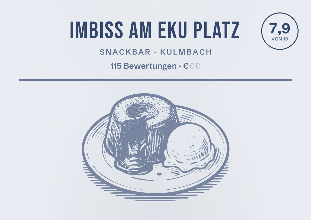 Illustriertes Poster von Imbiss am Eku Platz, Snackbar in Kulmbach: Bewertung 7,9 von 10 aus 115 Bewertungen, Preisniveau €