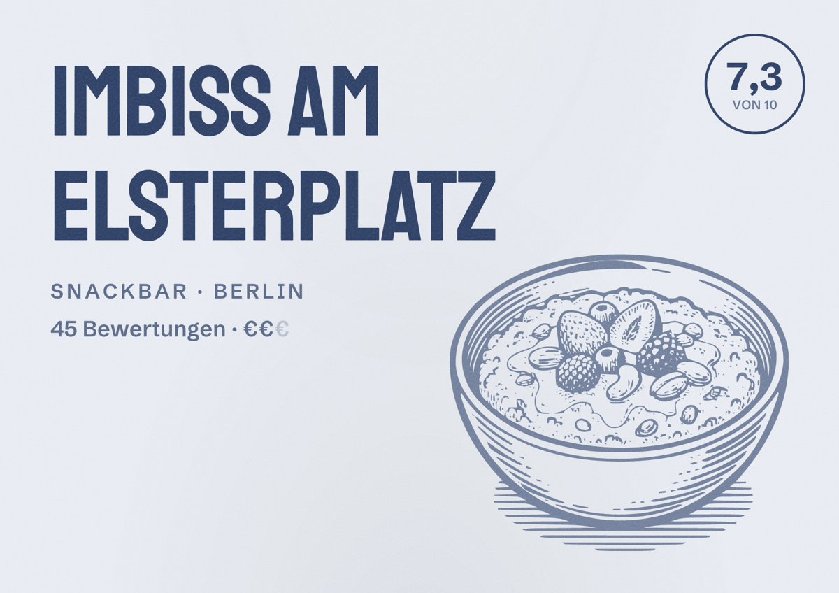 Illustriertes Poster von Imbiss am Elsterplatz, Snackbar in Berlin: Bewertung 7,3 von 10 aus 45 Bewertungen, Preisniveau €€