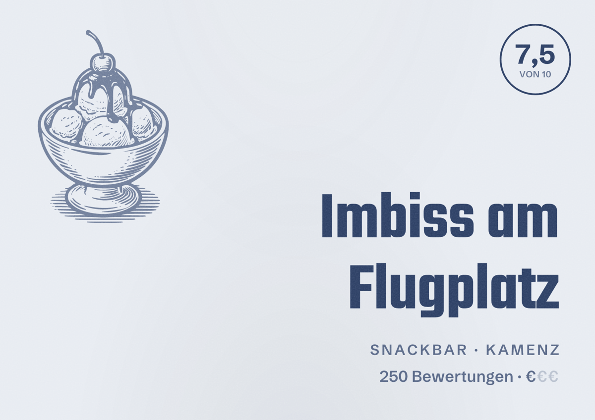 Illustriertes Poster von Imbiss am Flugplatz, Snackbar in Kamenz: Bewertung 7,5 von 10 aus 250 Bewertungen, Preisniveau €