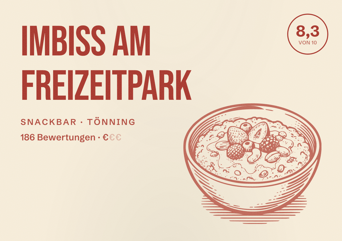 Illustriertes Poster von Imbiss Am Freizeitpark, Snackbar in Tönning: Bewertung 8,3 von 10 aus 186 Bewertungen, Preisniveau €