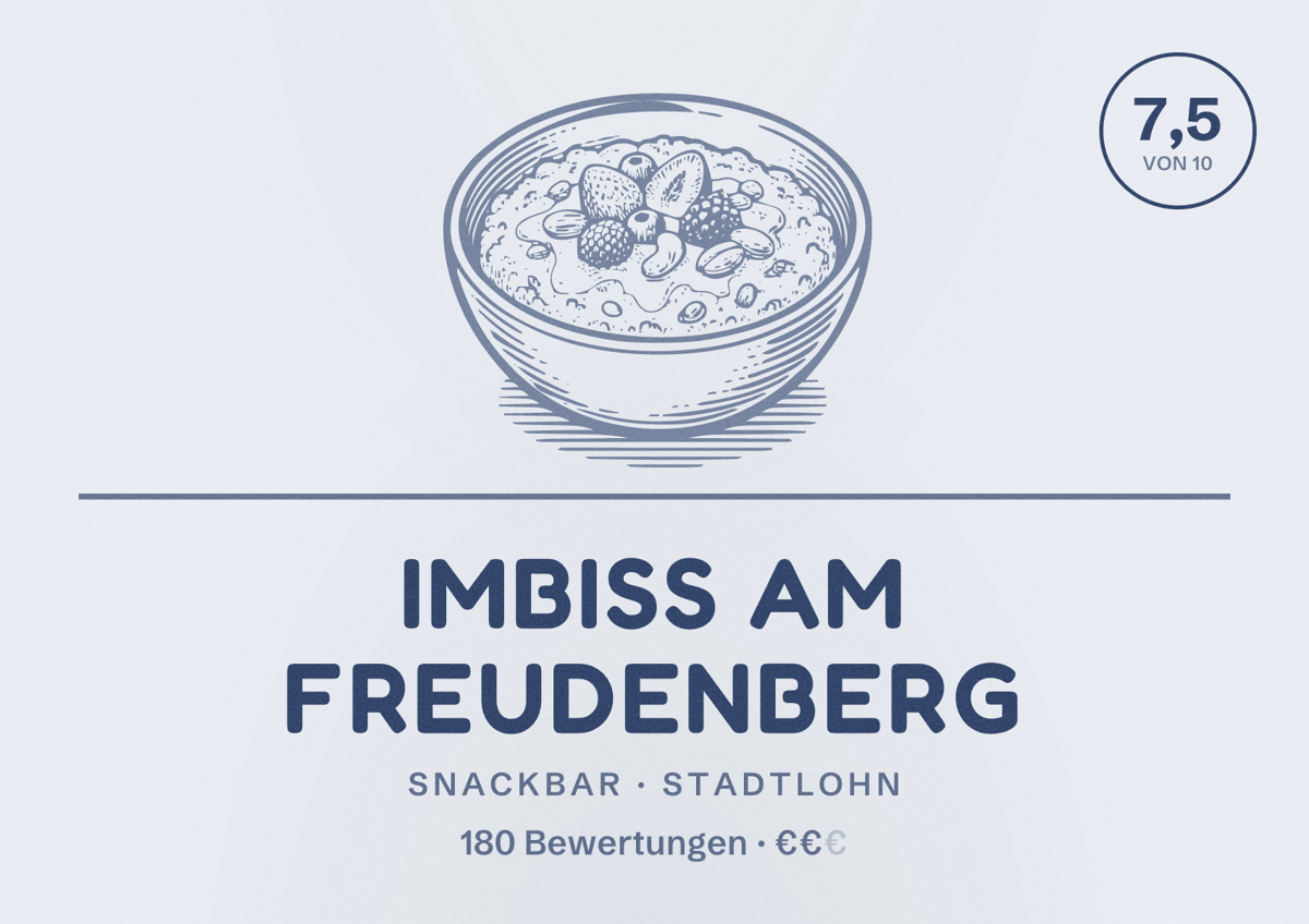 Illustriertes Poster von Imbiss am Freudenberg, Snackbar in Stadtlohn: Bewertung 7,5 von 10 aus 180 Bewertungen, Preisniveau €€