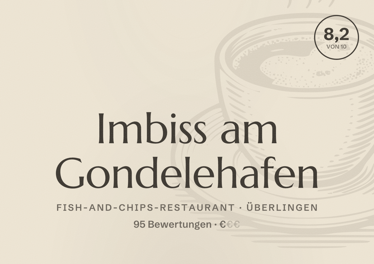 Illustriertes Poster von Imbiss am Gondelehafen, Fish-and-Chips-Restaurant in Überlingen: Bewertung 8,2 von 10 aus 95 Bewertungen, Preisniveau €