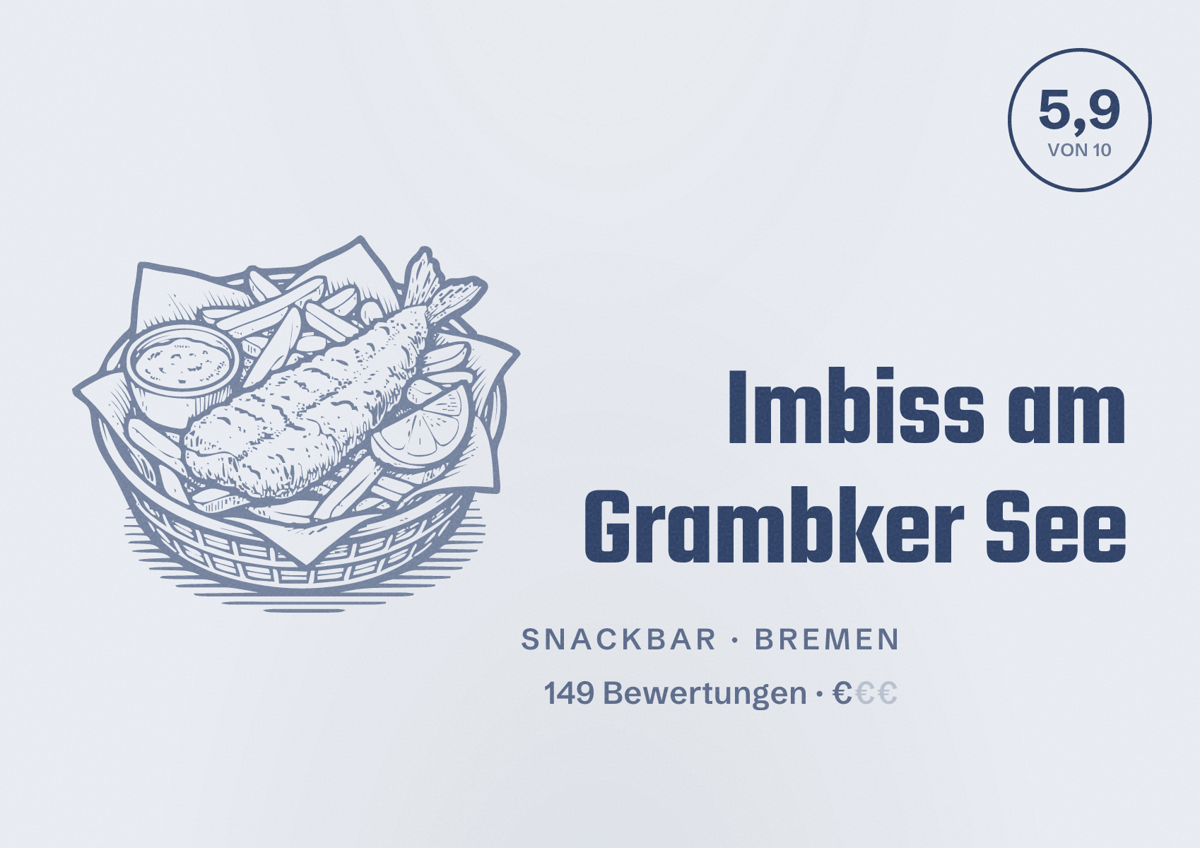 Illustriertes Poster von Imbiss am Grambker See, Snackbar in Bremen: Bewertung 5,9 von 10 aus 149 Bewertungen, Preisniveau €