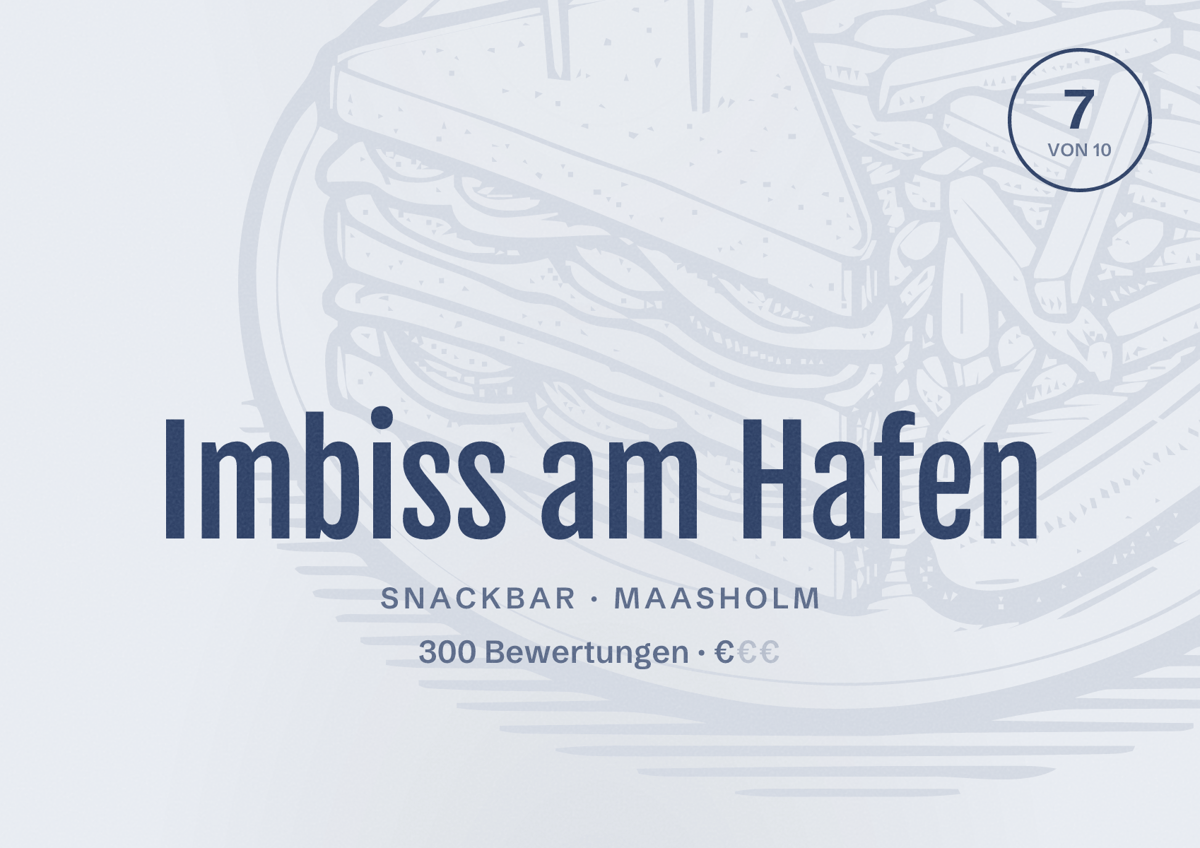 Illustriertes Poster von Imbiss am Hafen, Snackbar in Maasholm: Bewertung 7 von 10 aus 300 Bewertungen, Preisniveau €
