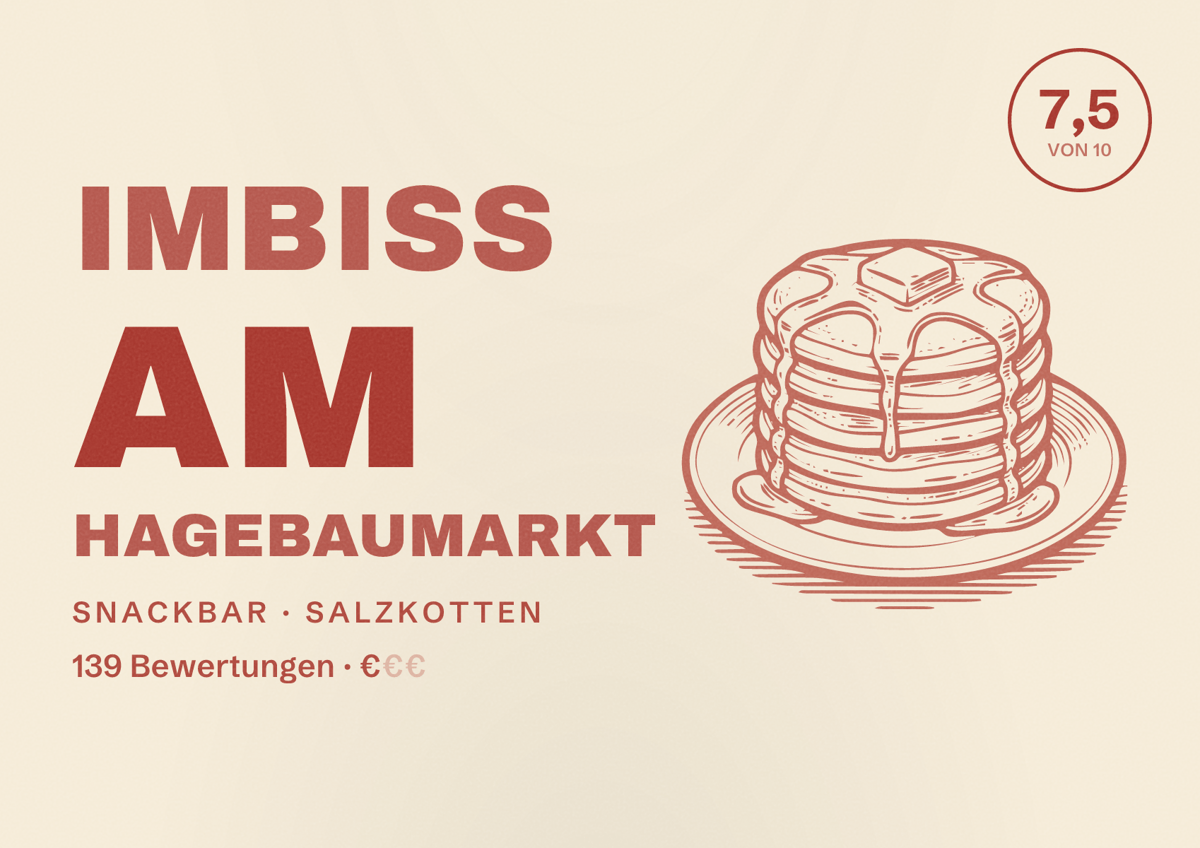 Illustriertes Poster von Imbiss am Hagebaumarkt, Snackbar in Salzkotten: Bewertung 7,5 von 10 aus 139 Bewertungen, Preisniveau €