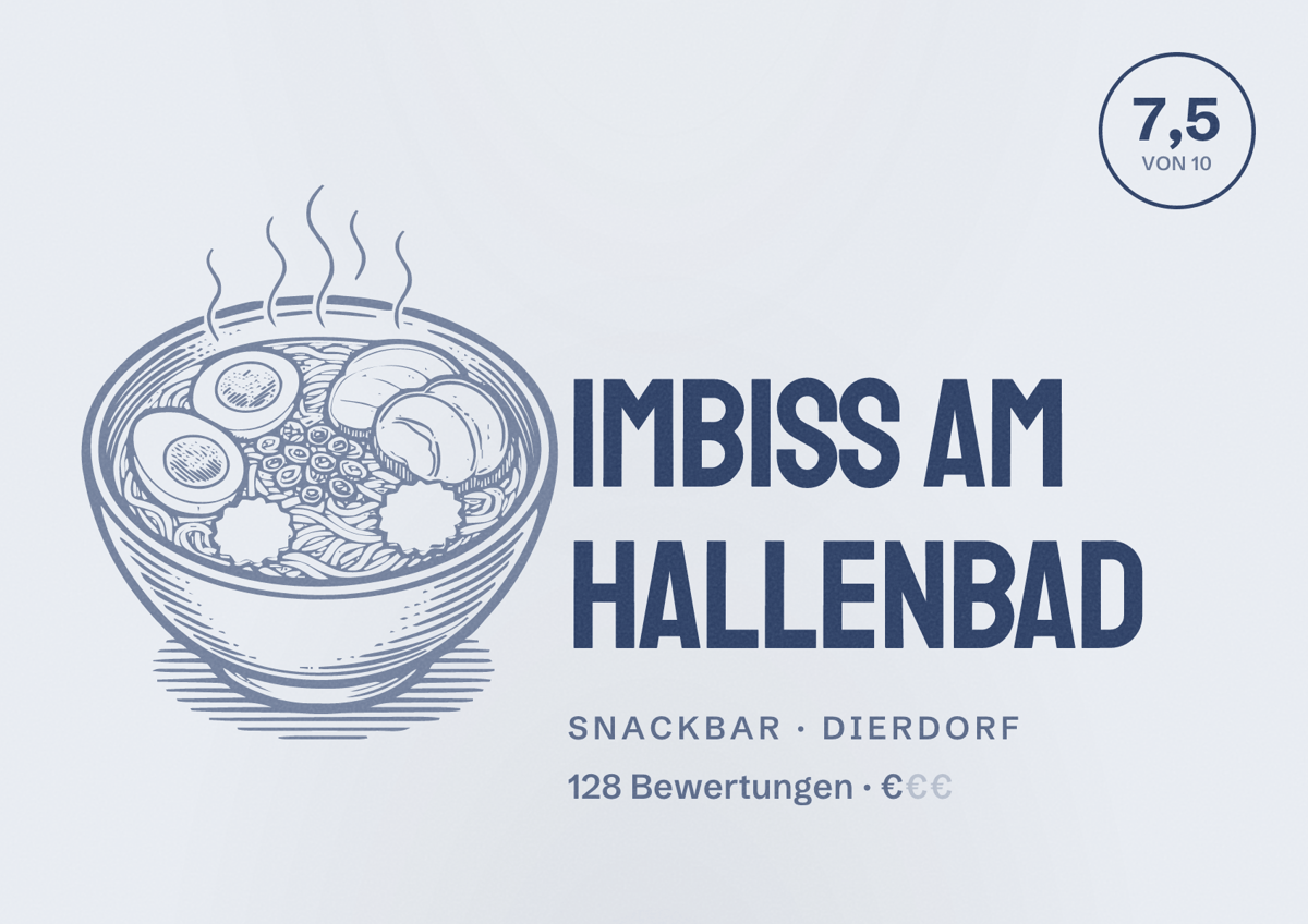 Illustriertes Poster von Imbiss am Hallenbad, Snackbar in Dierdorf: Bewertung 7,5 von 10 aus 128 Bewertungen, Preisniveau €