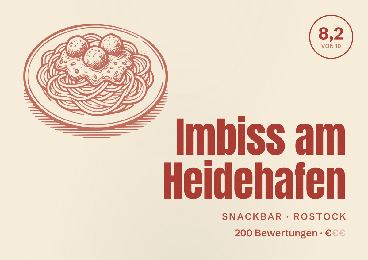 Illustriertes Poster von Imbiss am Heidehafen, Snackbar in Rostock: Bewertung 8,2 von 10 aus 200 Bewertungen, Preisniveau €