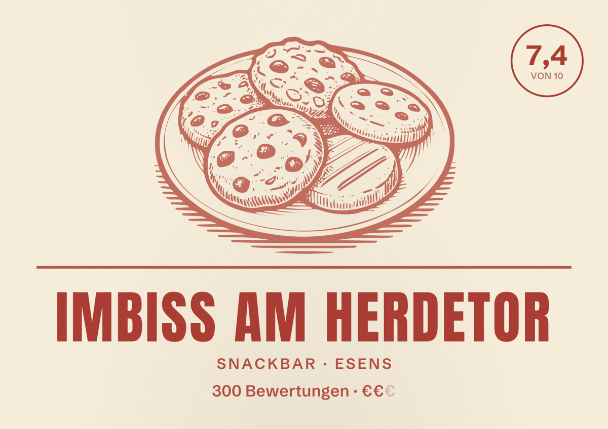 Illustriertes Poster von Imbiss am Herdetor, Snackbar in Esens: Bewertung 7,4 von 10 aus 300 Bewertungen, Preisniveau €€
