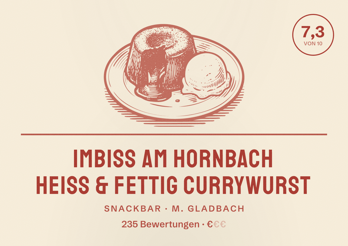 Illustriertes Poster von Imbiss am Hornbach Heiss & Fettig Currywurst, Snackbar in M. Gladbach: Bewertung 7,3 von 10 aus 235 Bewertungen, Preisniveau €