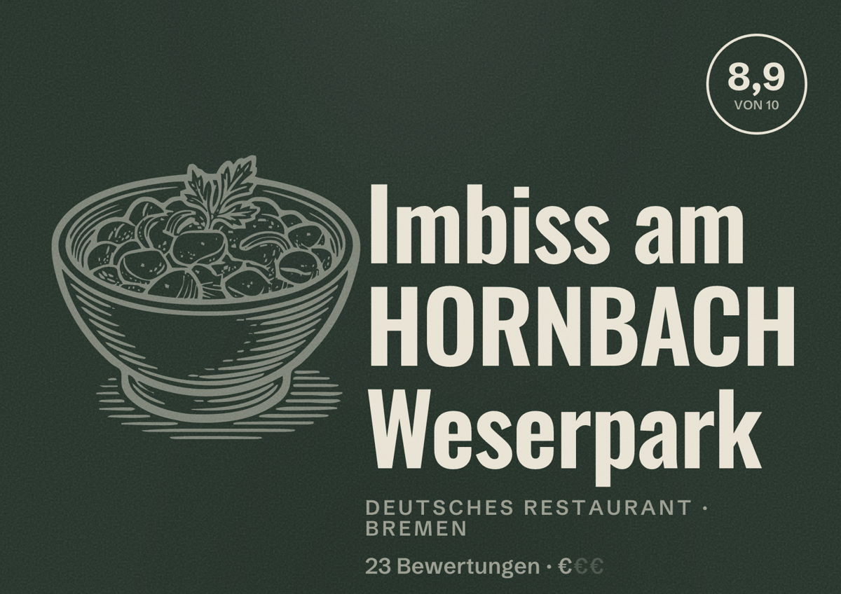 Illustriertes Poster von Imbiss am HORNBACH Weserpark, Deutsches Restaurant in Bremen: Bewertung 8,9 von 10 aus 23 Bewertungen, Preisniveau €