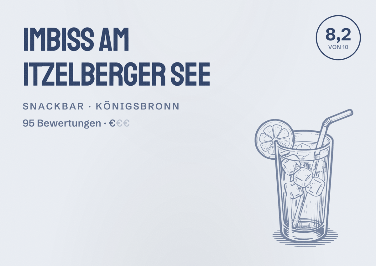 Illustriertes Poster von Imbiss am Itzelberger See, Snackbar in Königsbronn: Bewertung 8,2 von 10 aus 95 Bewertungen, Preisniveau €