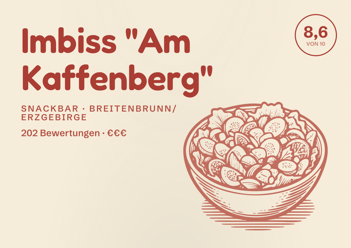 Illustriertes Poster von Imbiss "Am Kaffenberg", Snackbar in Breitenbrunn/Erzgebirge: Bewertung 8,6 von 10 aus 202 Bewertungen, Preisniveau €€€