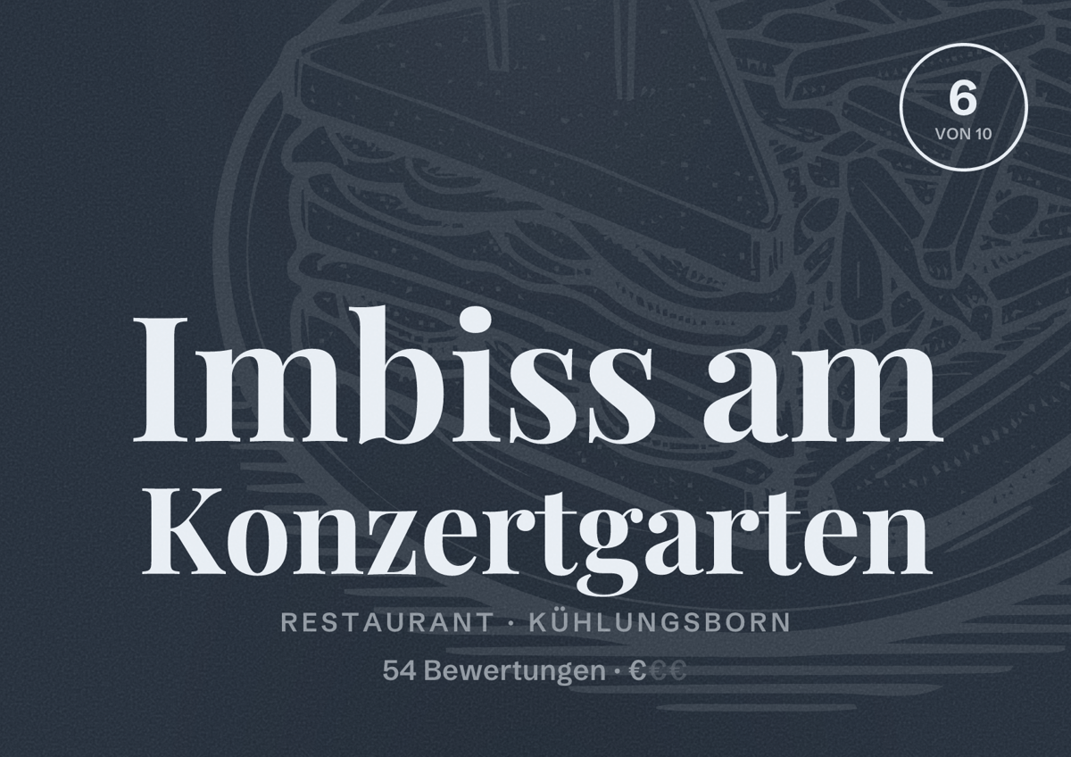 Illustriertes Poster von Imbiss am Konzertgarten, Restaurant in Kühlungsborn: Bewertung 6 von 10 aus 54 Bewertungen, Preisniveau €