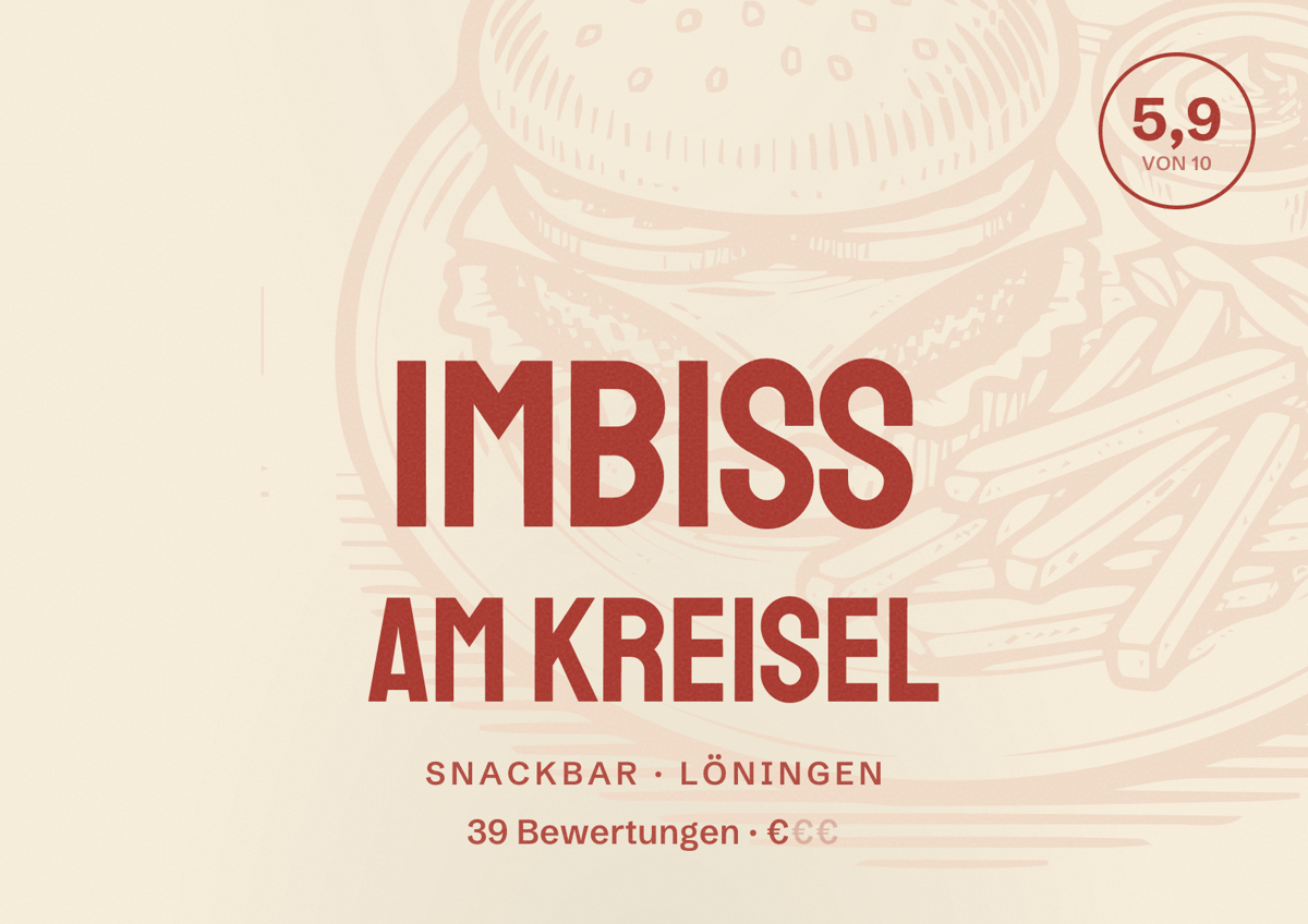 Illustriertes Poster von Imbiss am Kreisel, Snackbar in Löningen: Bewertung 5,9 von 10 aus 39 Bewertungen, Preisniveau €