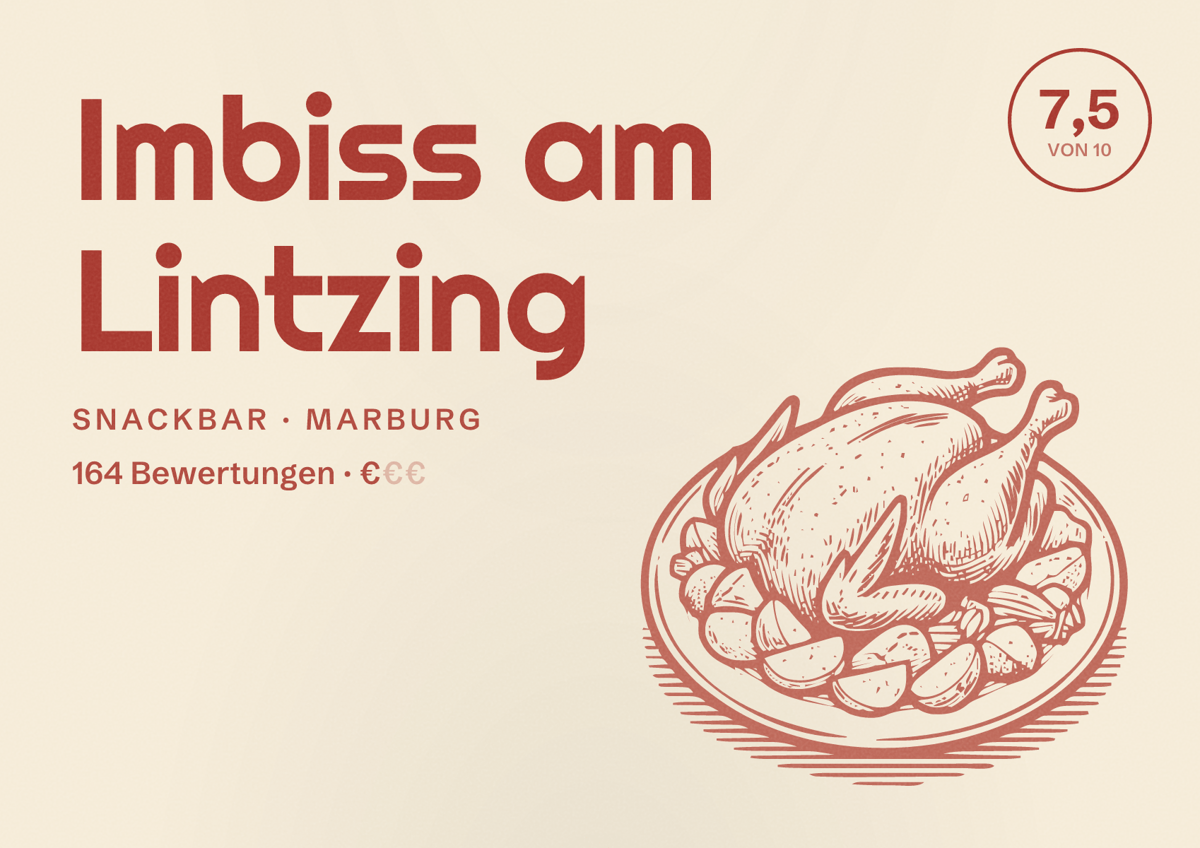 Illustriertes Poster von Imbiss am Lintzing, Snackbar in Marburg: Bewertung 7,5 von 10 aus 164 Bewertungen, Preisniveau €