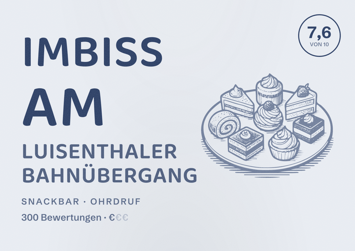 Illustriertes Poster von Imbiss am Luisenthaler Bahnübergang, Snackbar in Ohrdruf: Bewertung 7,6 von 10 aus 300 Bewertungen, Preisniveau €