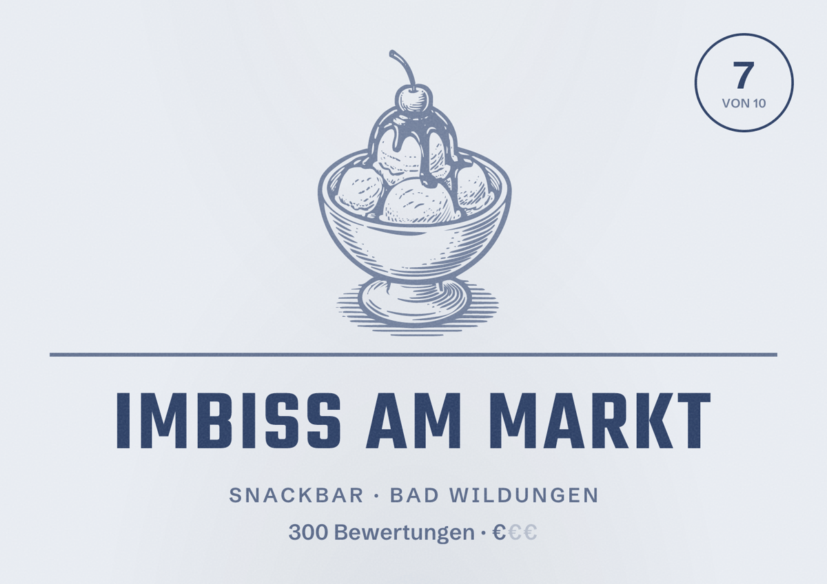 Illustriertes Poster von Imbiss am Markt, Snackbar in Bad Wildungen: Bewertung 7 von 10 aus 300 Bewertungen, Preisniveau €