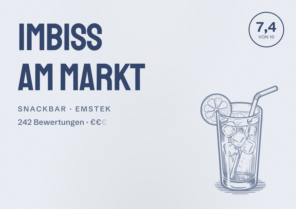 Illustriertes Poster von Imbiss am Markt, Snackbar in Emstek: Bewertung 7,4 von 10 aus 242 Bewertungen, Preisniveau €€