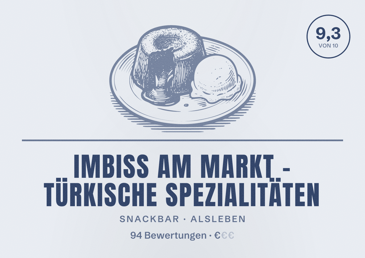 Illustriertes Poster von Imbiss am Markt - Türkische Spezialitäten, Snackbar in Alsleben: Bewertung 9,3 von 10 aus 94 Bewertungen, Preisniveau €