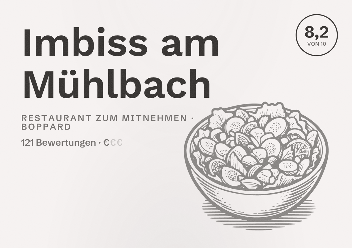 Illustriertes Poster von Imbiss am Mühlbach, Restaurant zum Mitnehmen in Boppard: Bewertung 8,2 von 10 aus 121 Bewertungen, Preisniveau €