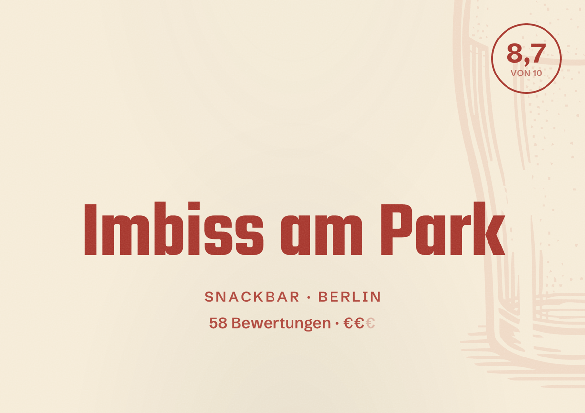 Illustriertes Poster von Imbiss am Park, Snackbar in Berlin: Bewertung 8,7 von 10 aus 58 Bewertungen, Preisniveau €€